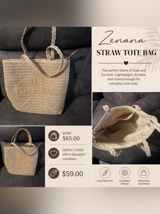 Zenana Outfitters Handbags - Zenana Outfitters Natural Beige Straw Tote with Braided Handles
